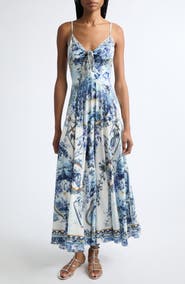 Camilla Porcelain Parlor Print Silk Maxi Sundress