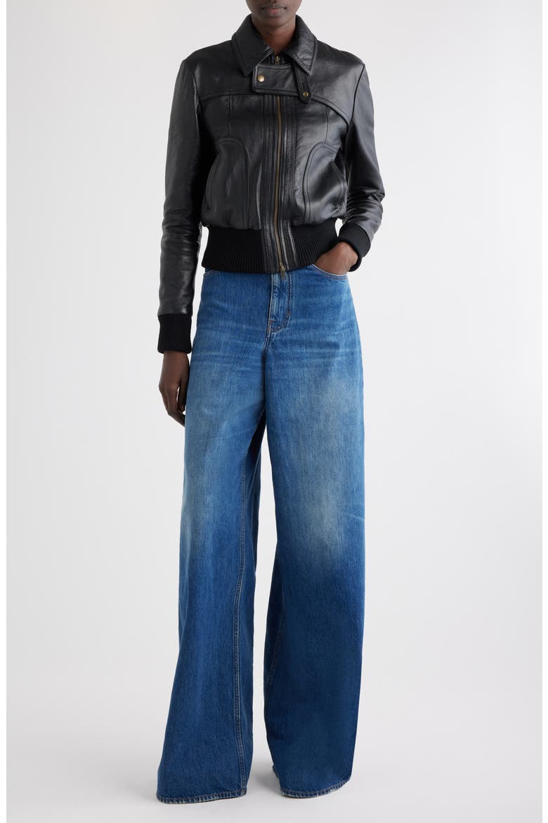 Sheepskin Leather Bomber Jacket, Alternate, color, BLACK