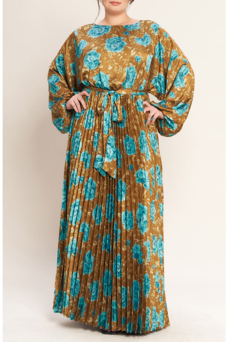 Floral Long Sleeve Pleated Maxi Dress, Main, color, DIJON
