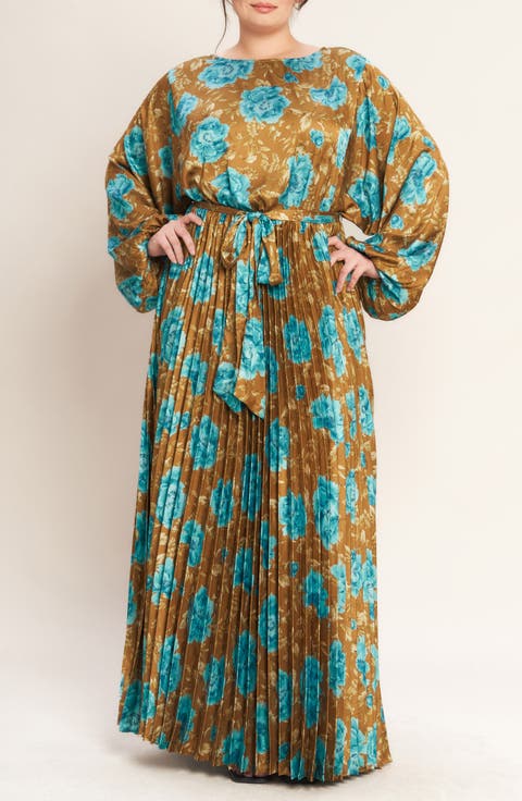 Floral Long Sleeve Pleated Maxi Dress (Plus)