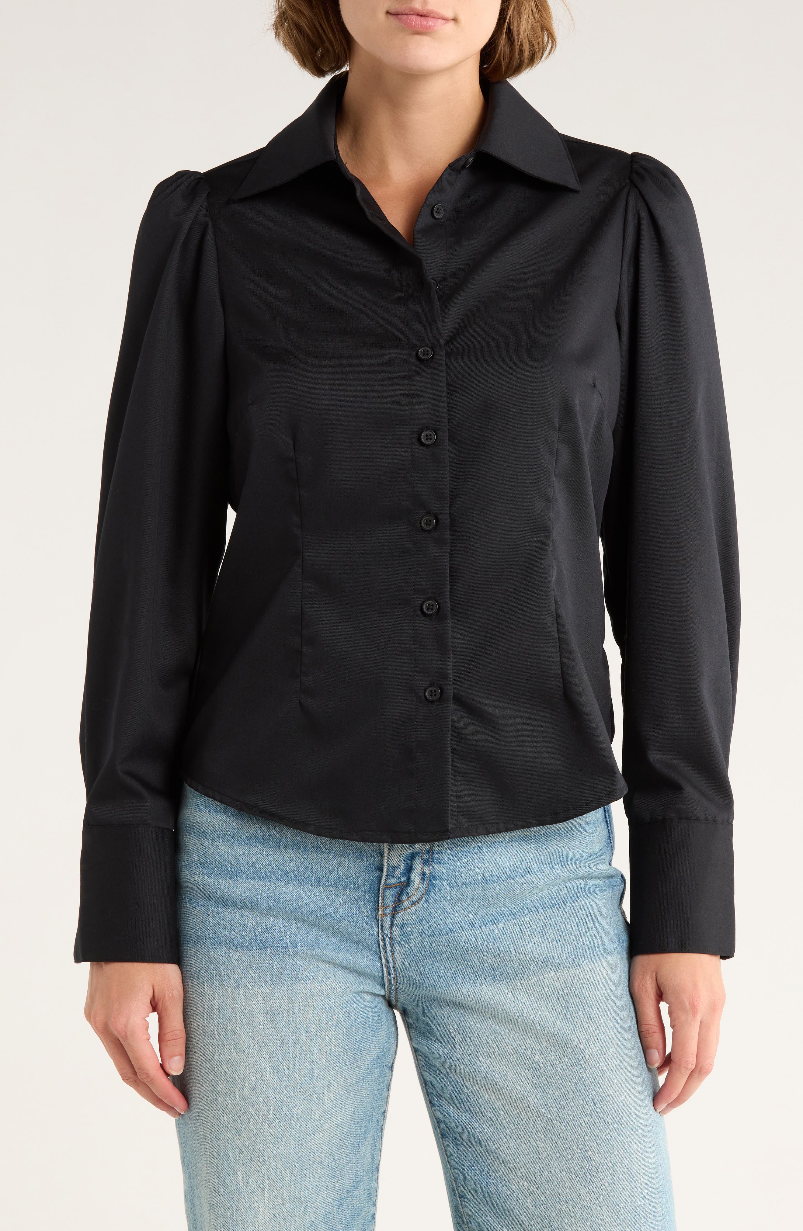 French Connection Gathered Seam Puff Sleeve Button-Up Shirt