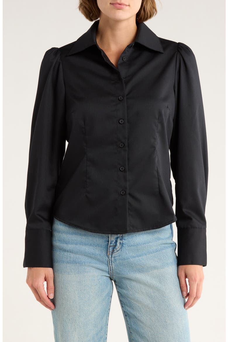 Gathered Seam Puff Sleeve Button-Up Shirt, Main, color, BLACK