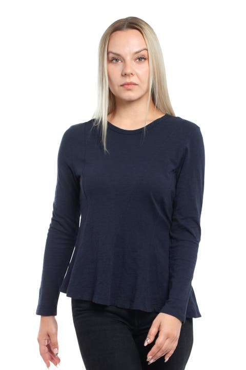 Round Neck Long Sleeve Tee with Asymmetric Hem & Body Seams