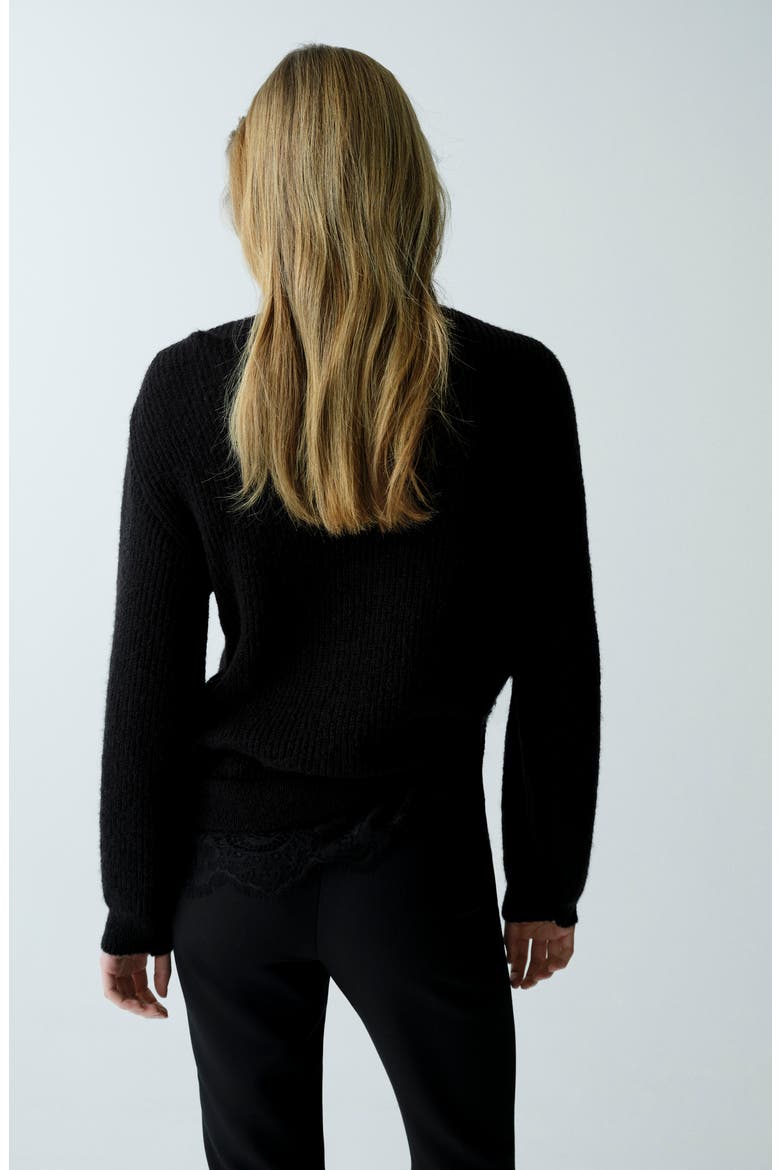 Lace Trim Rib Sweater, Alternate, color, BLACK