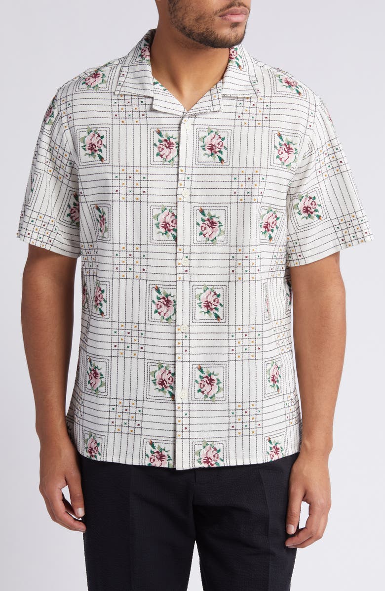 Wax London Didcot Embroidered Short Sleeve Cotton & Linen Button-Up Shirt, Main, color,
