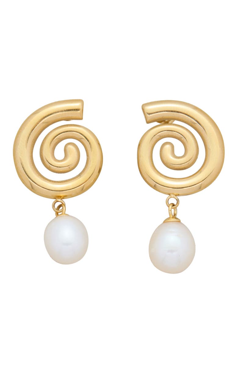 st. Moran Swirl Freshwater Pearl Drop Earrings, Main, color, Gold