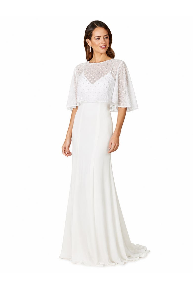 Beaded Faux-Wrap V-Neck Bridal Gown, Alternate, color, Ivory