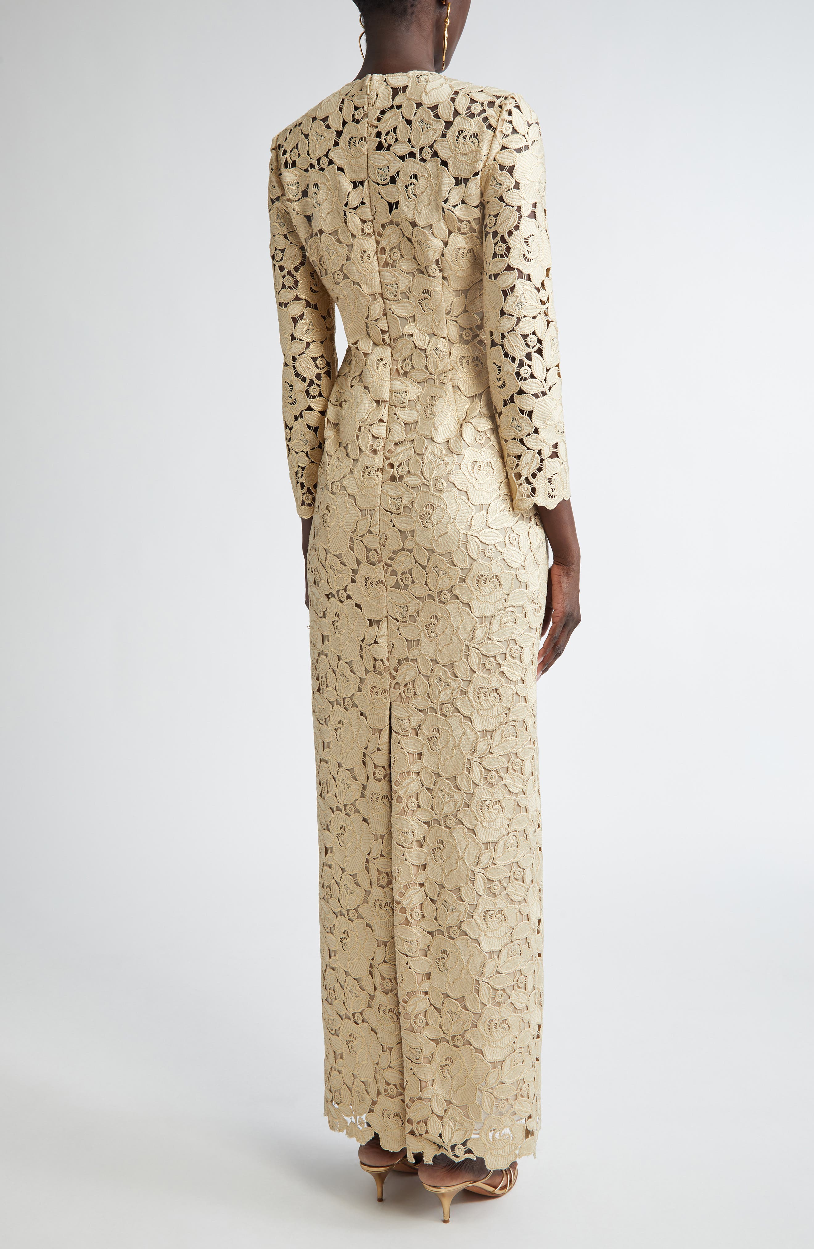 Oscar de la Renta Long Sleeve Foiled Rose Guipure Lace Gown (Women ...