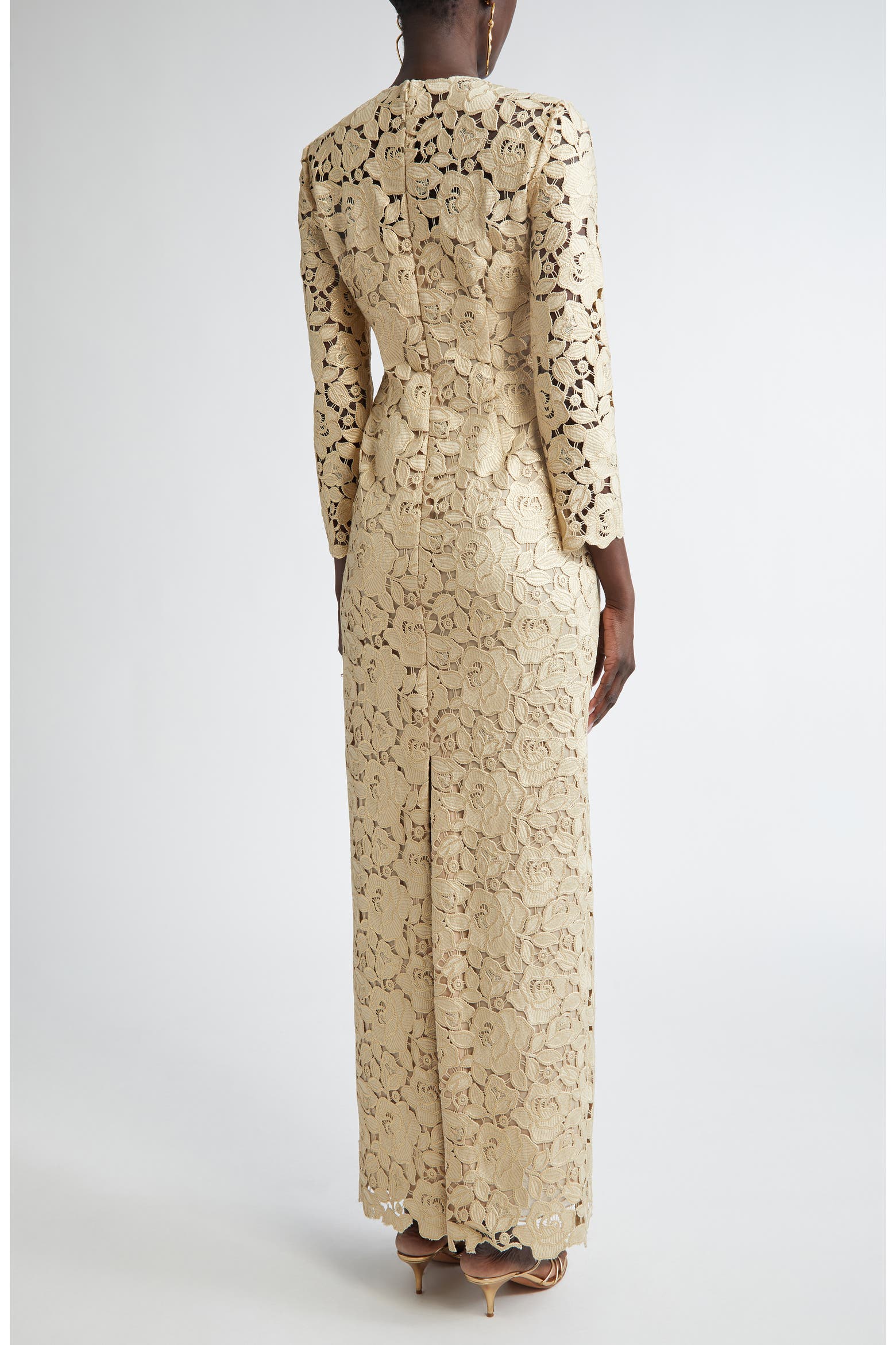50 Long Roses Oscar de la Renta Long Sleeve Foiled Rose Guipure Lace Gown (Women ...
