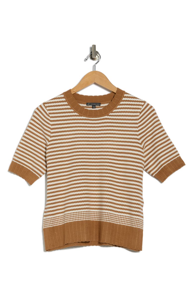 Adrianna Papell Stripe Short Sleeve Sweater, Alternate, color, Camel/ Ivory Color