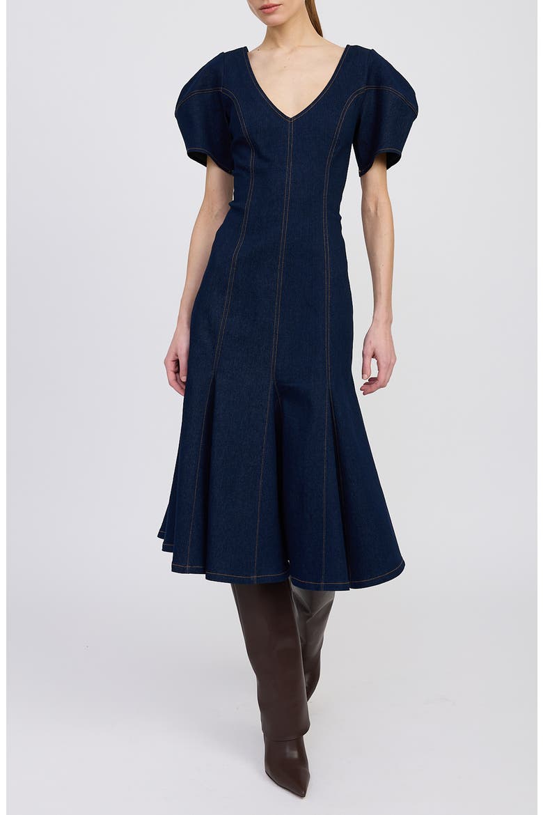 Seraphina Puff Sleeve Denim Midi Dress, Main, color, INDIGO