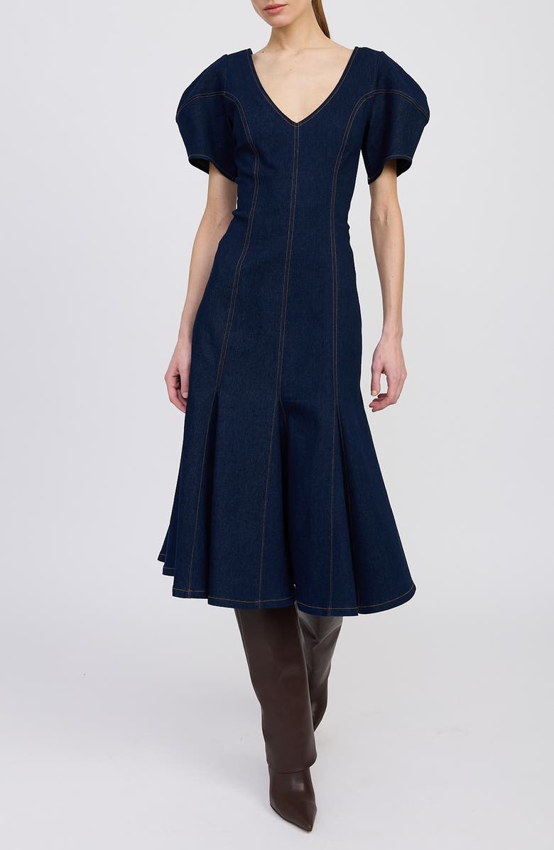 En Saison Seraphina Puff Sleeve Denim Midi Dress, Main, color, Indigo