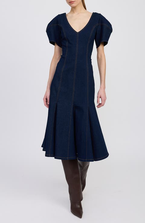 Seraphina Puff Sleeve Denim Midi Dress
