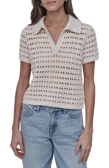 Shop Dkny Jeans Open Stitch Pointelle Polo In Eggnog