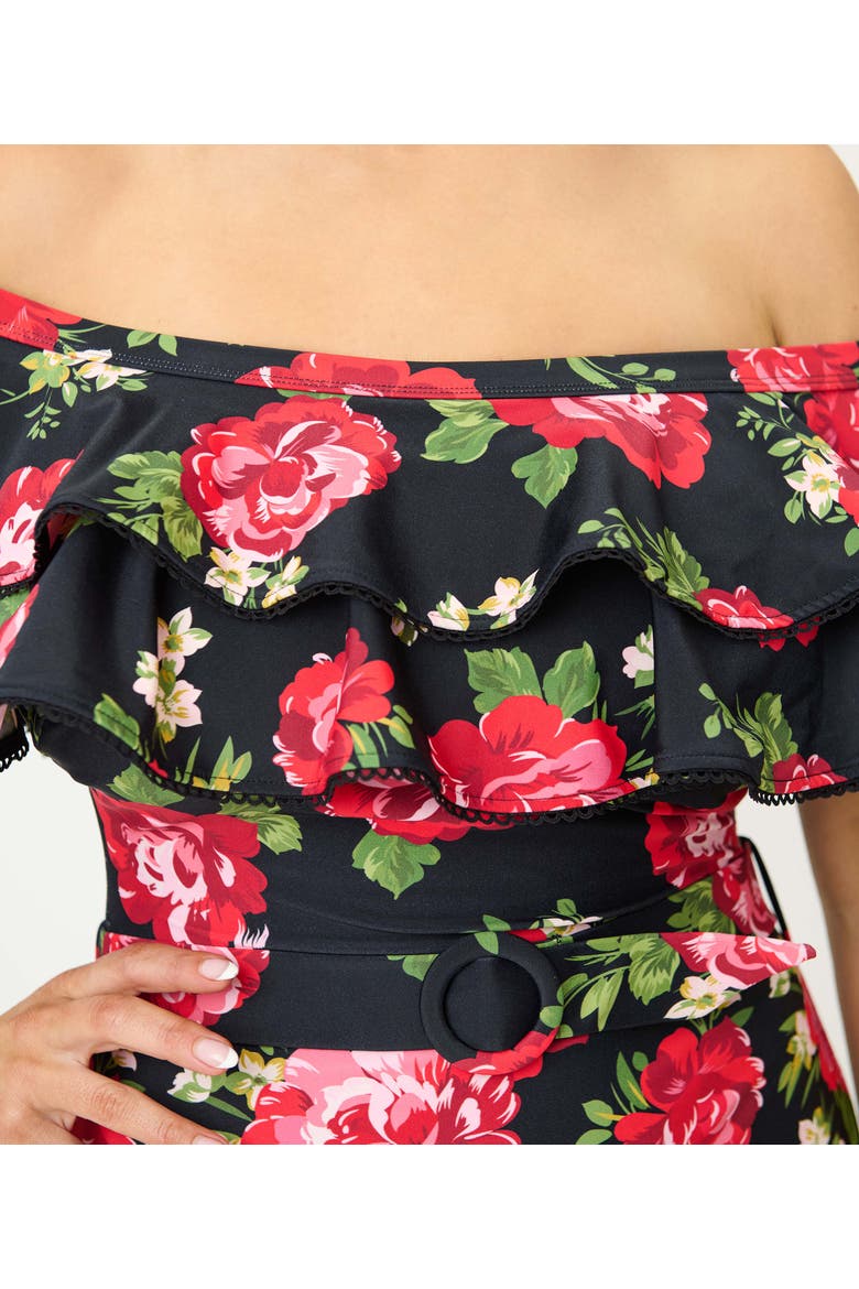 Off Shoulder Nantucket Swimsuit, Alternate, color, Black Cabbage Rose Print