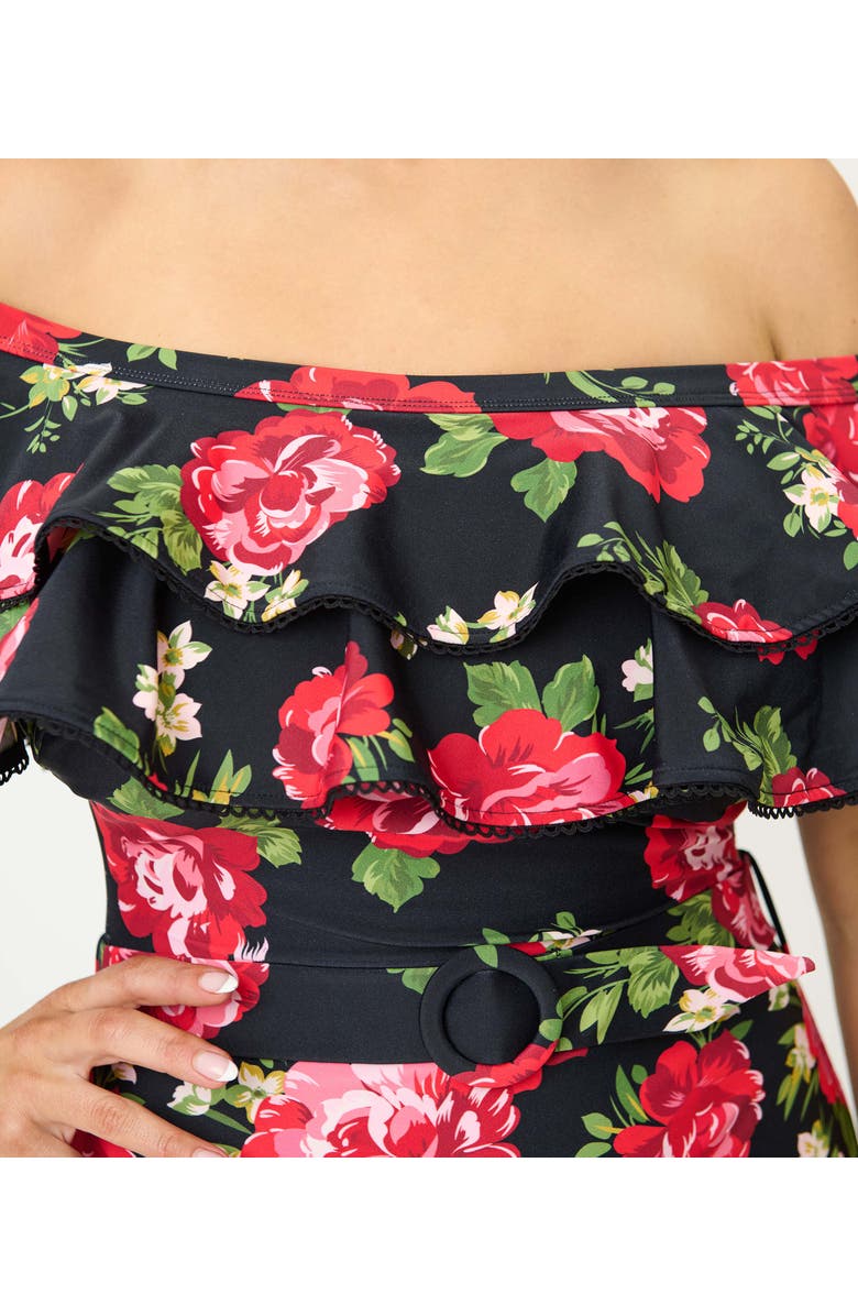 Unique Vintage Off Shoulder Nantucket Swimsuit, Alternate, color, Black Cabbage Rose Print