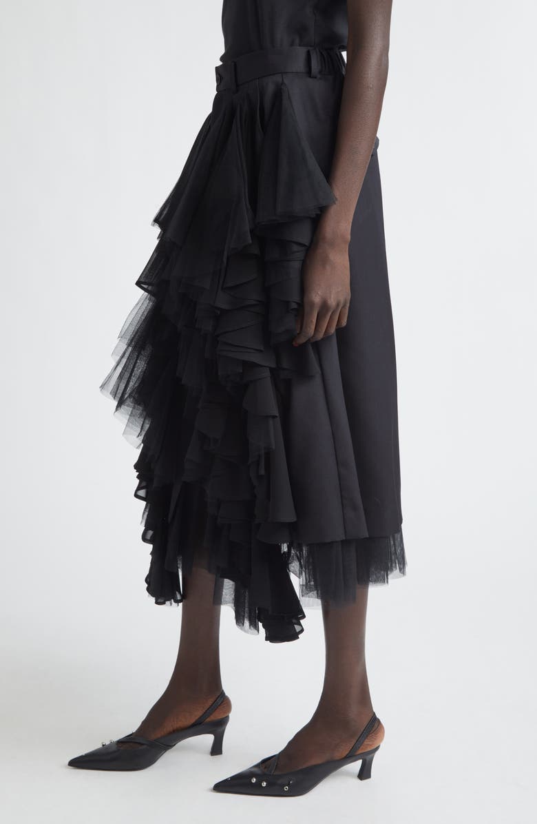 Noir Kei Ninomiya Wool Gabardine Skirt with Tulle Ruffles, Alternate, color, Black X Black