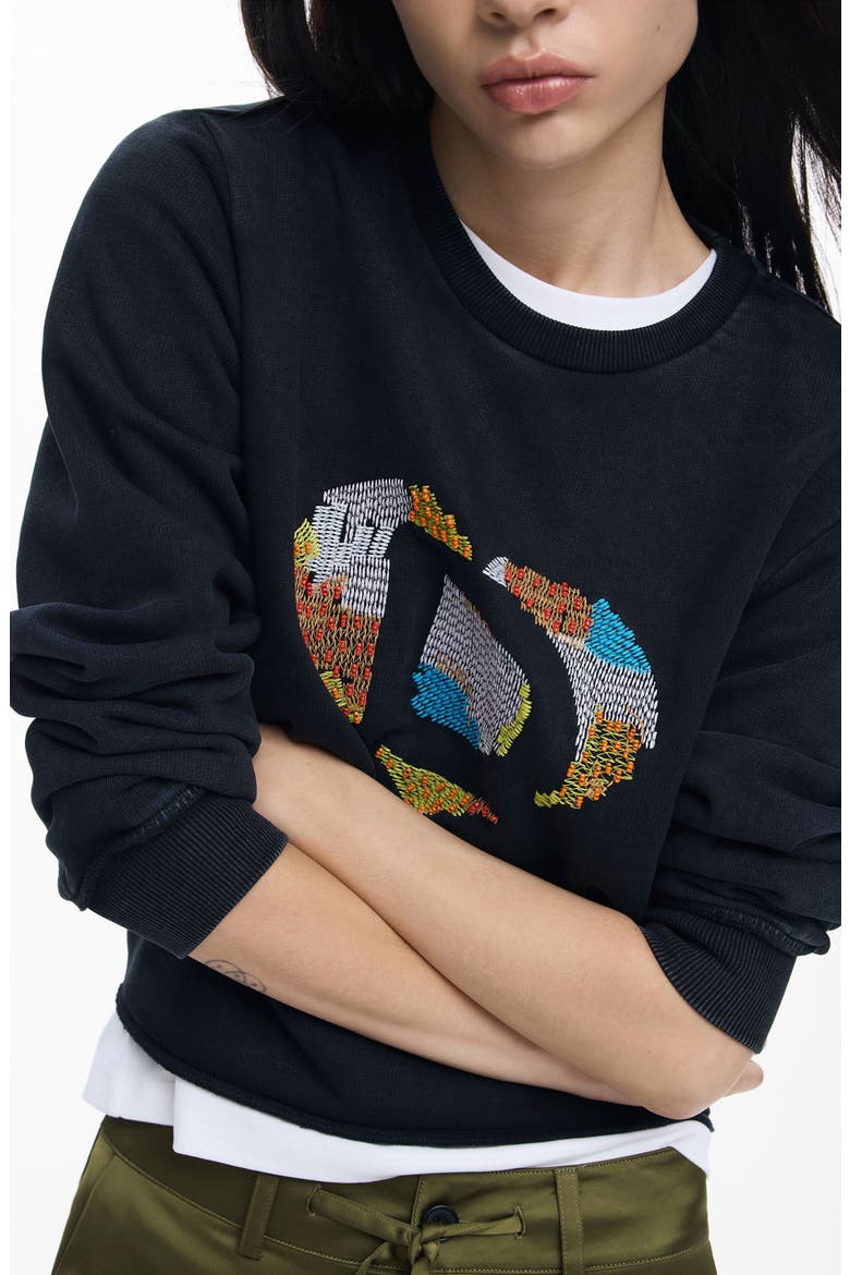 Heart Embroidered Cotton Graphic Sweatshirt, Alternate, color, BLACK