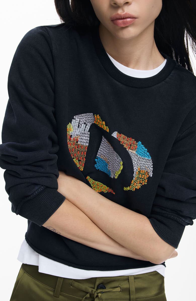 Desigual Heart Embroidered Cotton Graphic Sweatshirt, Alternate, color, Black