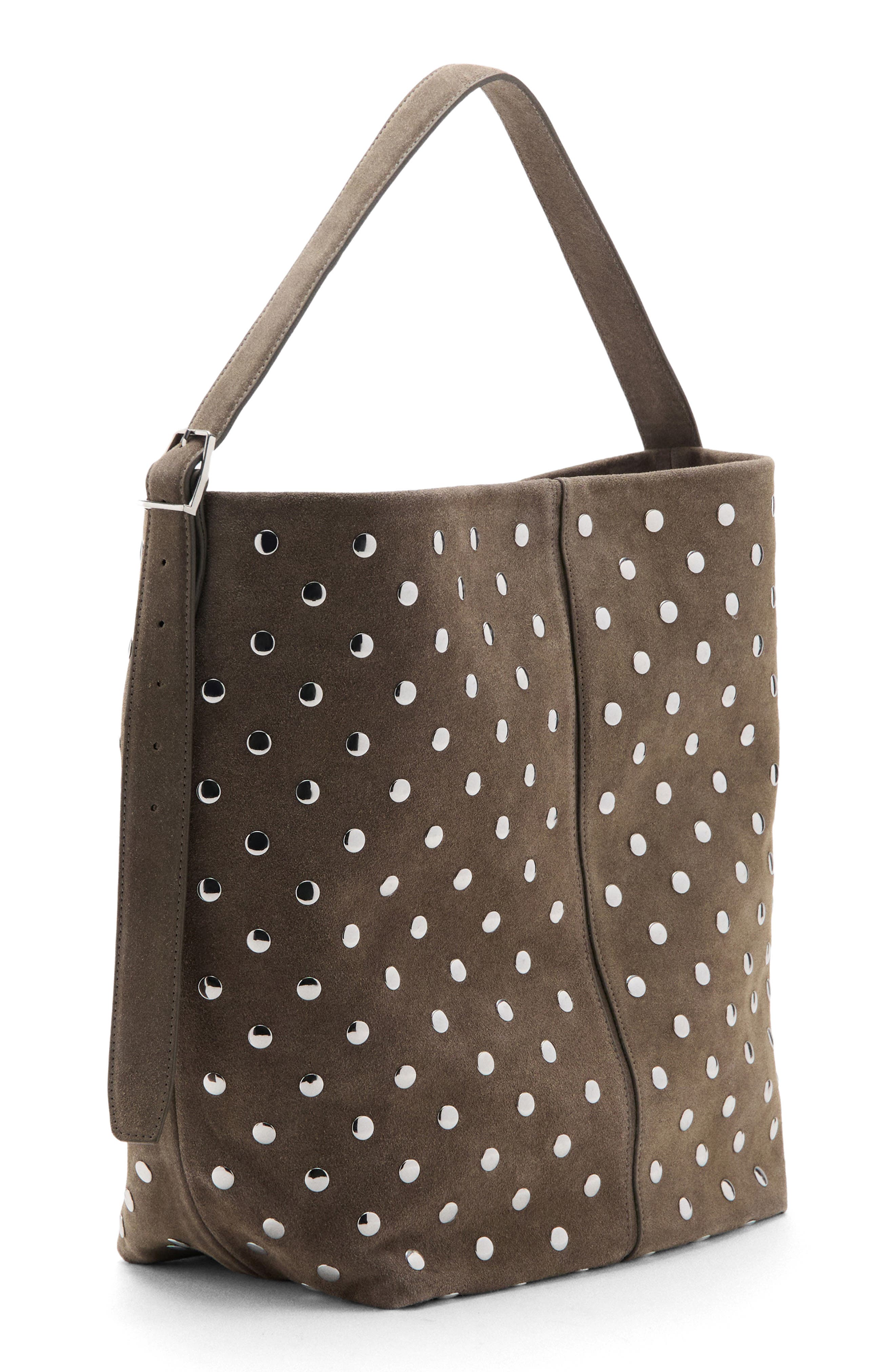 MANGO Studded Suede Bucket Bag, Alternate, color, 
