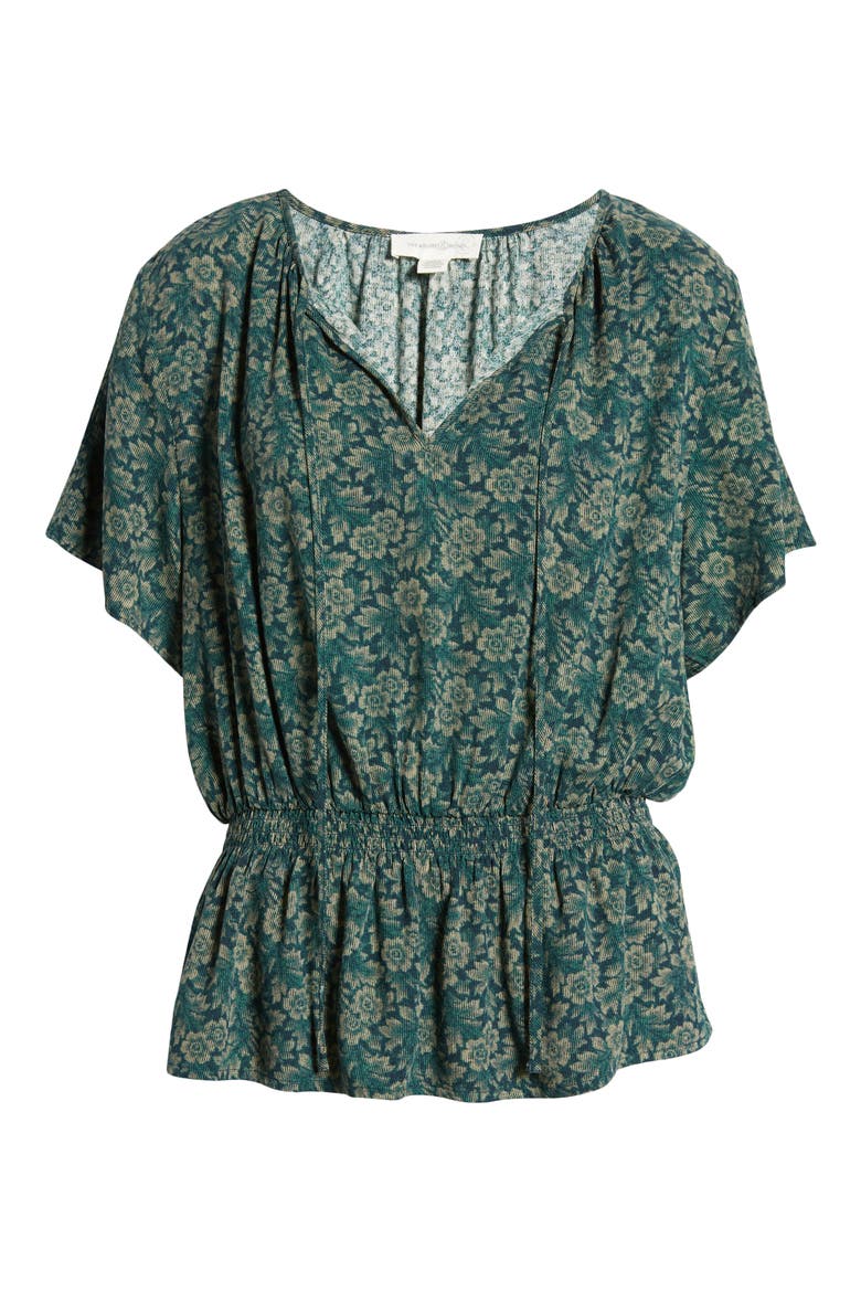 Shirred Split Neck Blouse, Alternate, color, NAVY- GREEN TAPESTRY