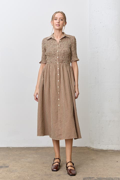 Gingham Smocked Button Down Midi Dress