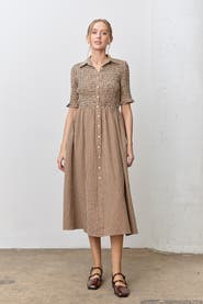 PinkBlush Gingham Smocked Button Down Midi Dress