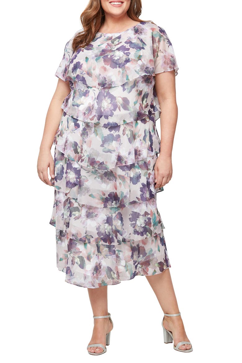 Floral Short Sleeve Tiered Chiffon Cocktail Dress, Main, color, BLUSH MULTI