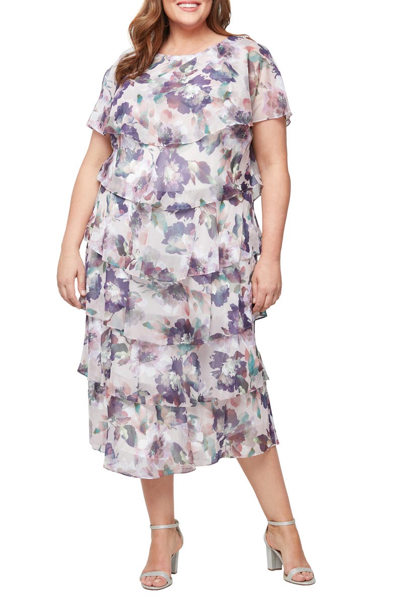 SL FASHIONS Floral Short Sleeve Tiered Chiffon Cocktail Dress, Main, color, Blush Multi