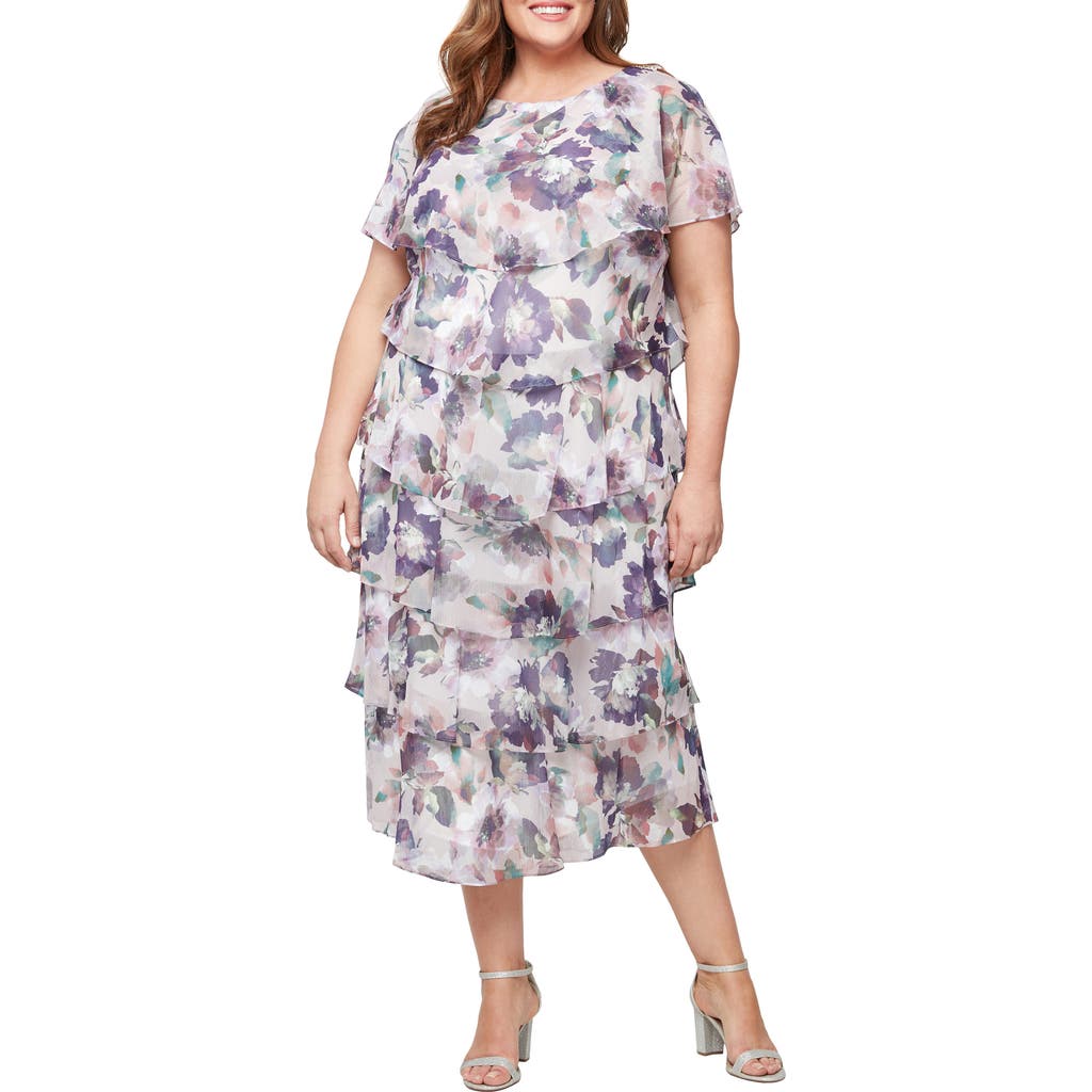 Sl Fashions Floral Short Sleeve Tiered Chiffon Cocktail Dress In Blush Multi