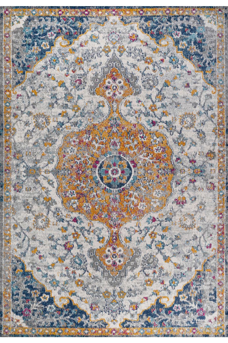 Lorena Ornate Boho Medallion Area Rug, Main, color, Light Gray/Dark Blue/Orange