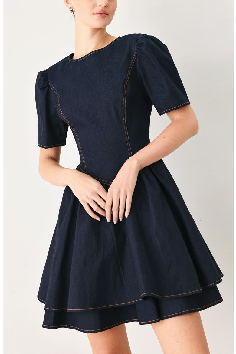Short Sleeve Denim Fit & Flare Minidress, Alternate, color, DARK DENIM