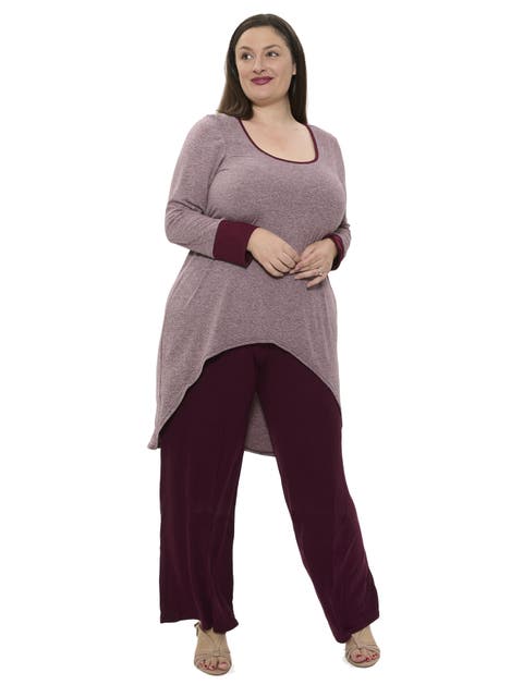 Plus Size Two Tone Scoop Neck Long Sleeve High Low Top and Pant Set