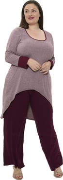 24seven Comfort Apparel Plus Size Two Tone Scoop Neck Long Sleeve High Low Top and Pant Set