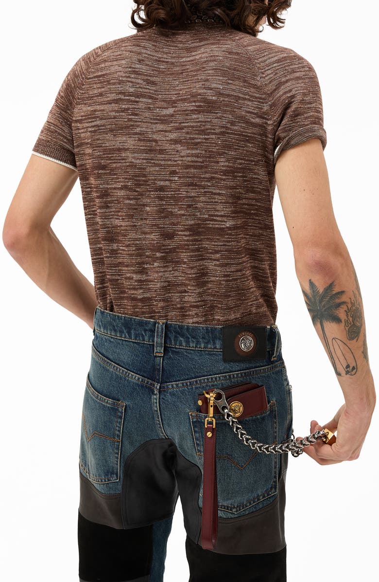 Versace First Line Greca Silk, Wool & Linen Blend Mouliné Polo Sweater, Alternate, color, Brown