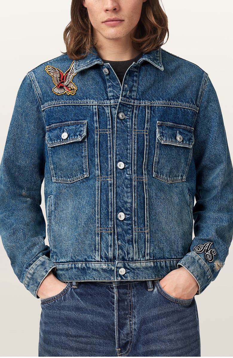 AllSaints Exile Patch Denim Jacket, Main, color, Washed Indigo