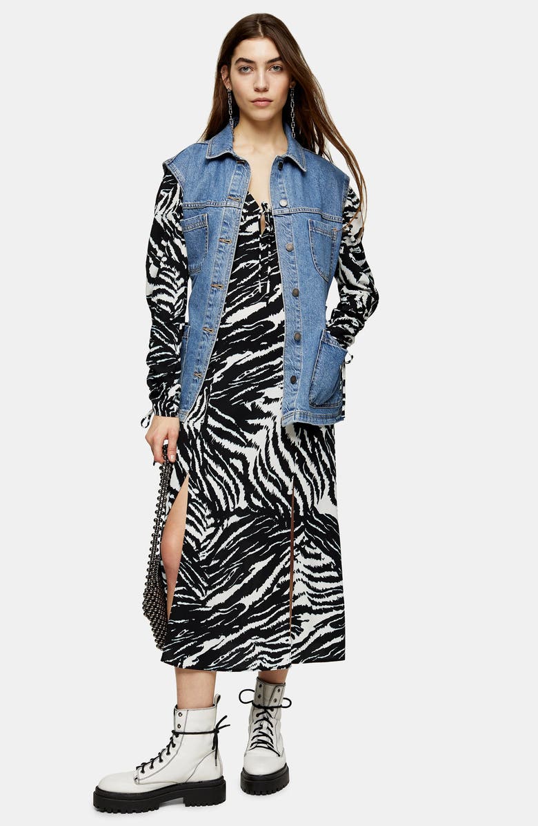 Topshop Belted Denim Vest, Alternate, color, 