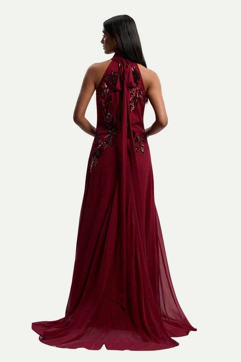 Feather Embellished Halter Maxi Dress, Alternate, color, Wine