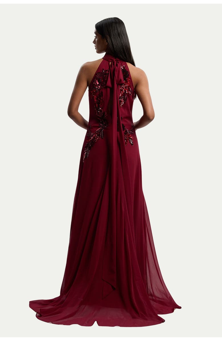 Karen Millen Feather Embellished Halter Maxi Dress, Alternate, color, Wine