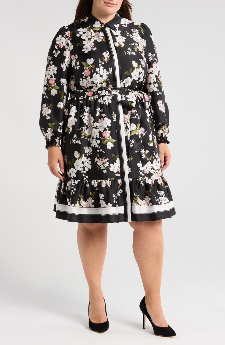 Anne Klein Floral Print Long Sleeve Shirtdress, Main, color, 