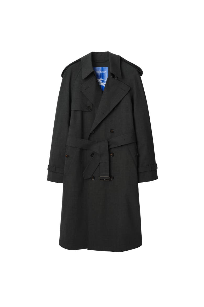 Long Bonded Stretch Wool Trench Coat, Alternate, color, Onyx grey melange