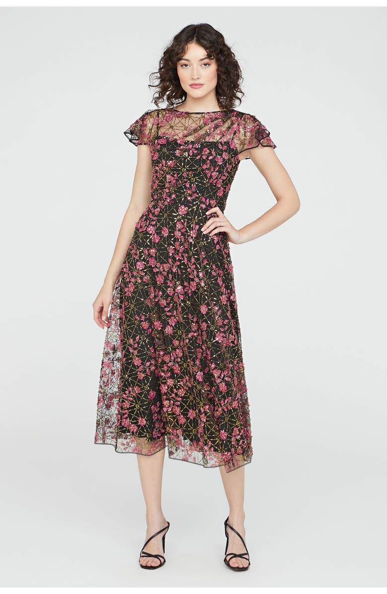 Theia Mariah Beaded Cocktail Dress, Main, color, Black/Zinnia
