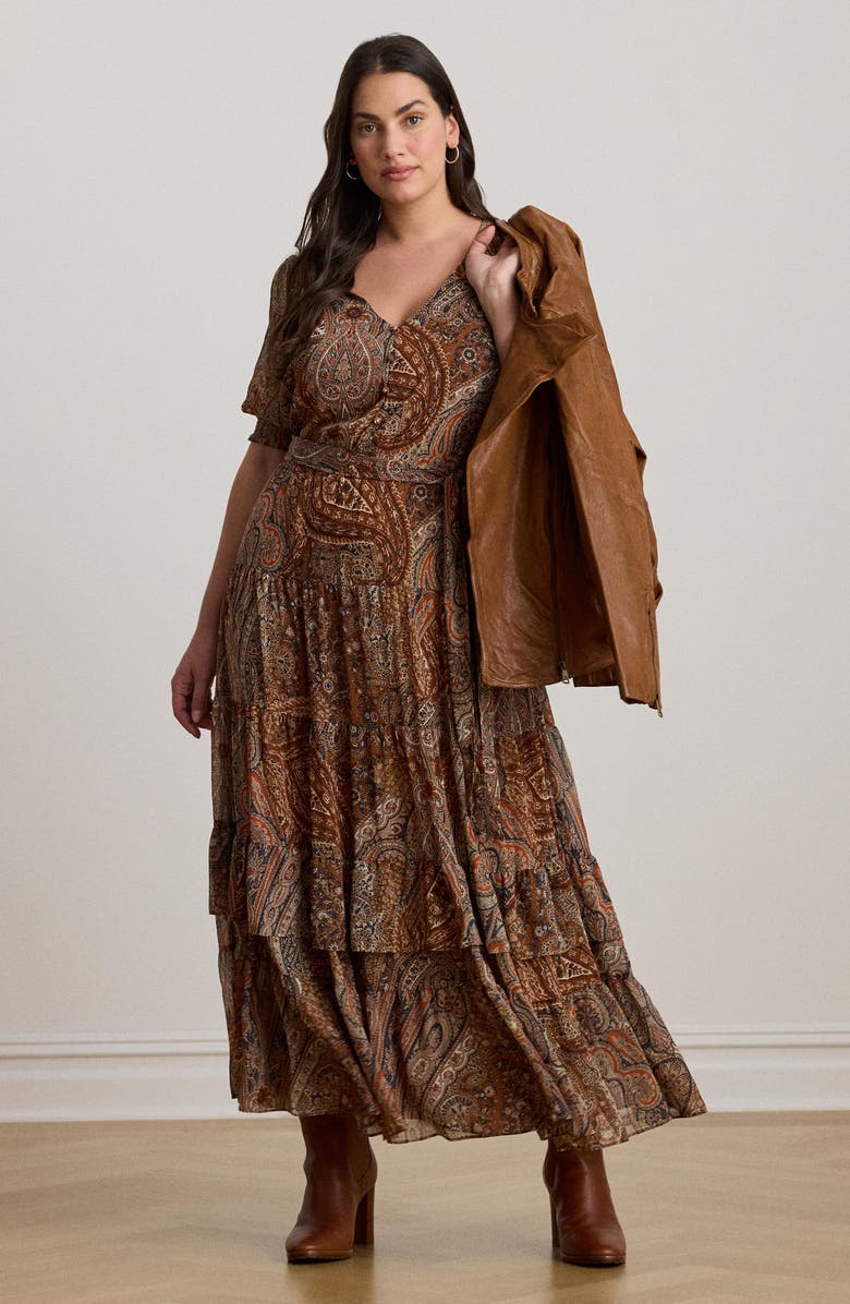 Lauren Ralph Lauren Paisley Georgette Tie Waist Maxi Dress, Alternate, color, Brown Multi