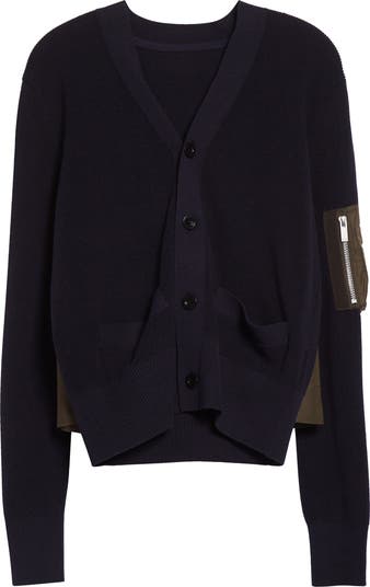 Sacai Mixed Media Nylon Twill & Knit Cardigan | Nordstrom