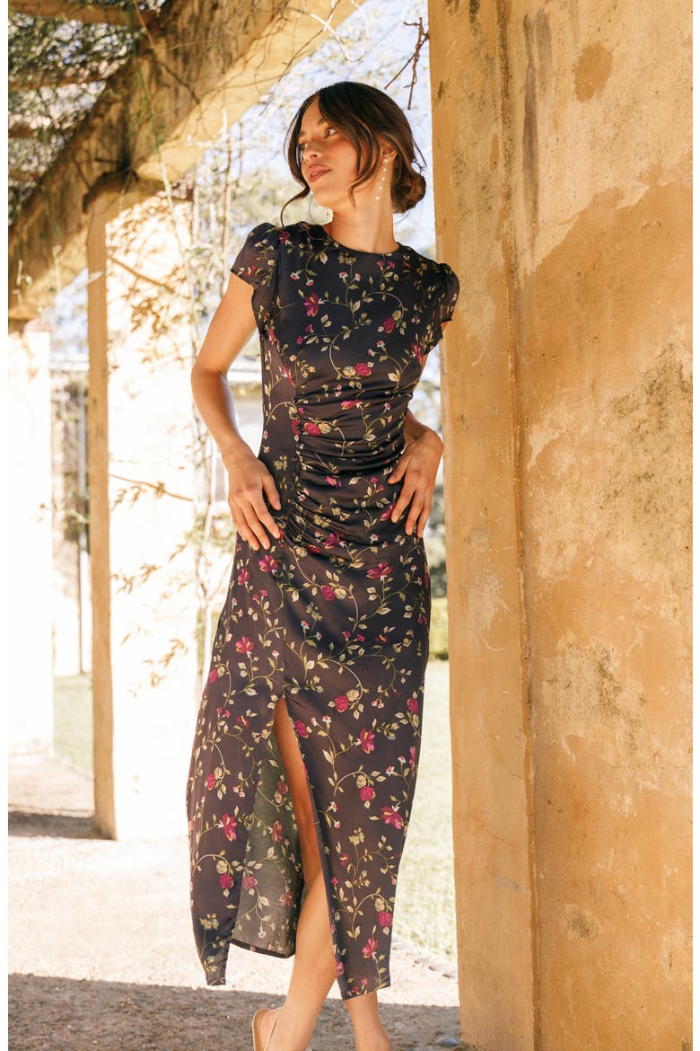 Lisbeth Floral Cap Sleeve Satin Midi Dress, Alternate, color, MIDNIGHT FLORAL