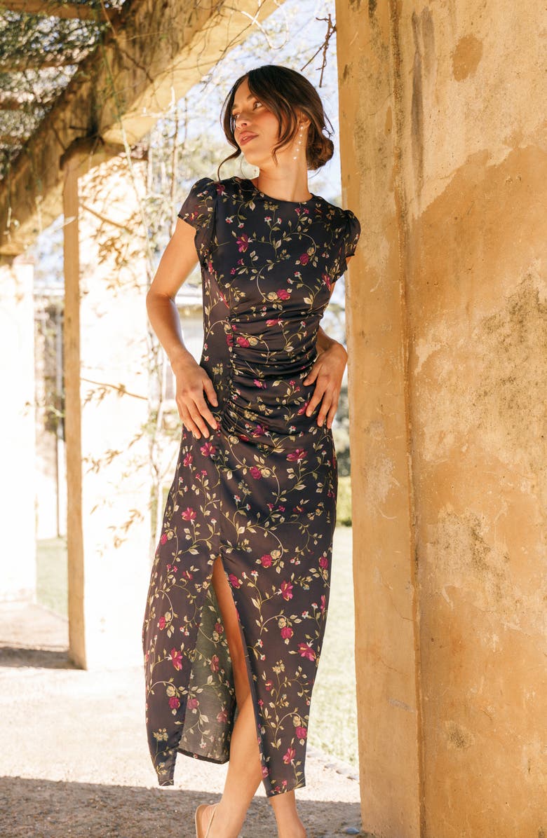 Petal & Pup Lisbeth Floral Cap Sleeve Satin Midi Dress, Alternate, color, Midnight Floral