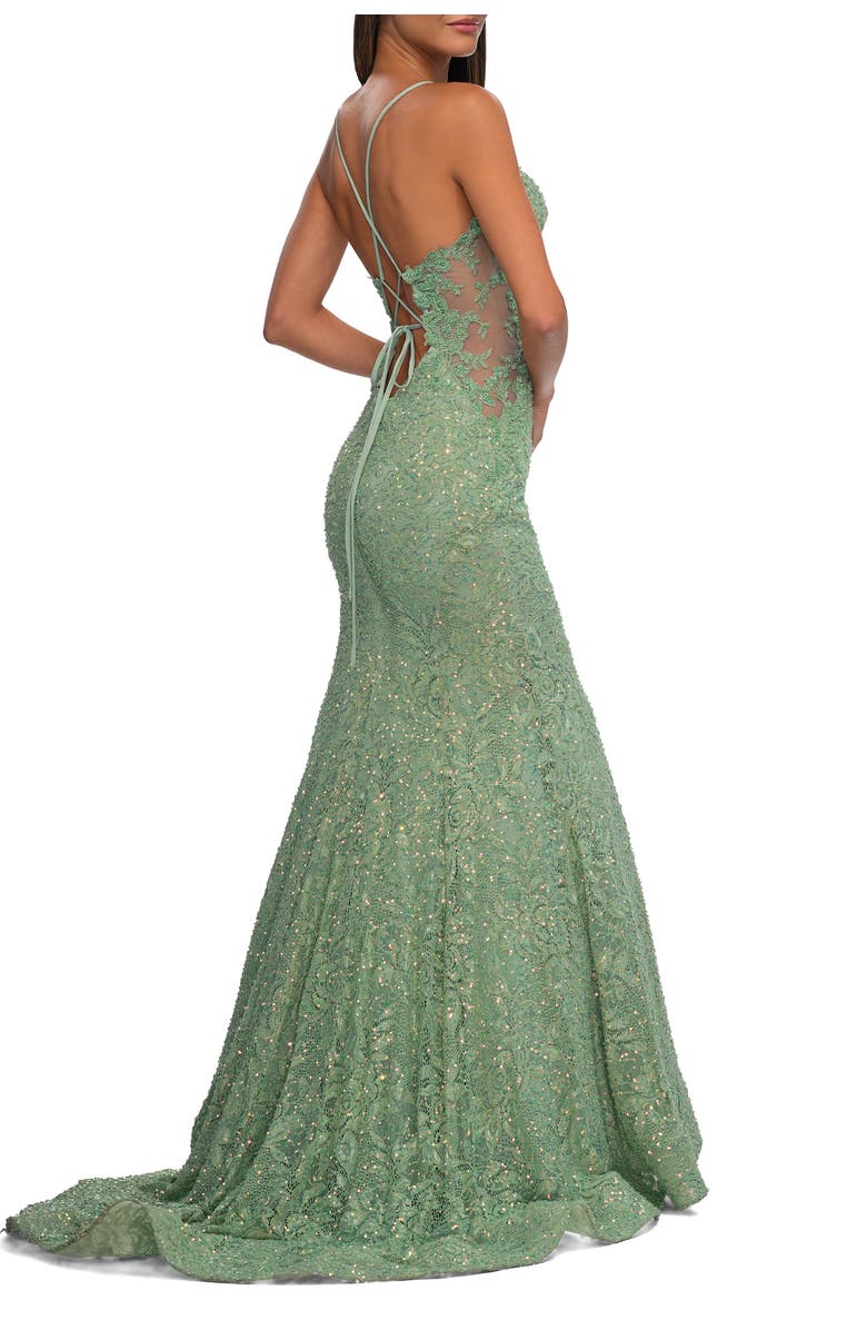 La Femme Mermaid Beaded Lace Prom Dress with Illusion Sides, Alternate, color, Sage