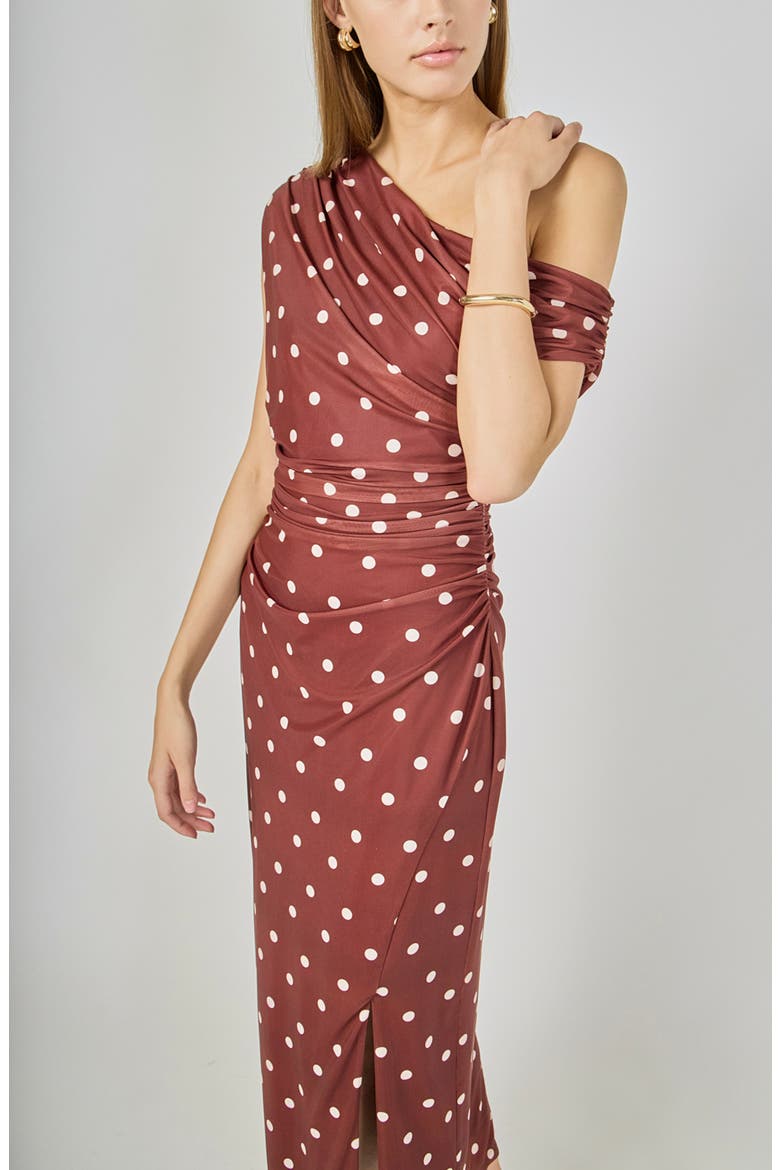 Dot Ruched One-Shoulder Mesh Maxi Dress, Alternate, color, BROWN/ IVORY