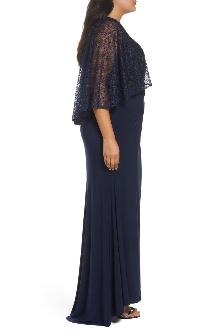 Beaded Lace Capelet Column Gown, Alternate, color, MIDNIGHT