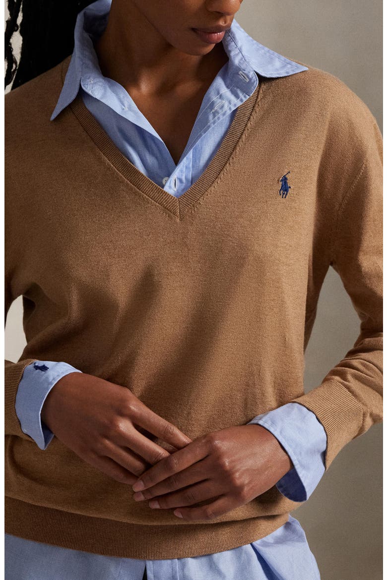 Relaxed Cotton V-Neck Sweater, Alternate, color, COLLECTION CAMEL MELANGE